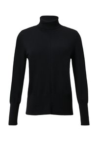 Czarny sweter z wysokim kołnierzem, wykonany z miękkiego materiału, z długimi rękawami, dopasowanym krojem i minimalną ilością szwów dla eleganckiego wyglądu.