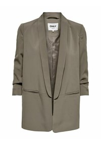 Taupe dámský blazer s šálovým límcem, dlouhými rukávy, dvěma kapsami s lemováním a hladkým podšívkovým materiálem uvnitř, označený "ONLY tailoring."
