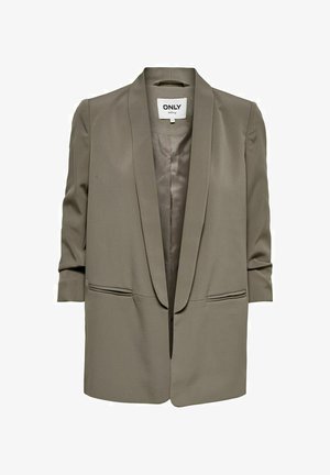Taupe damski żakiet z szalowym kołnierzem, długimi rękawami, dwiema przymarszczanymi kieszeniami i gładką podszewką, oznaczony metką "ONLY tailoring."