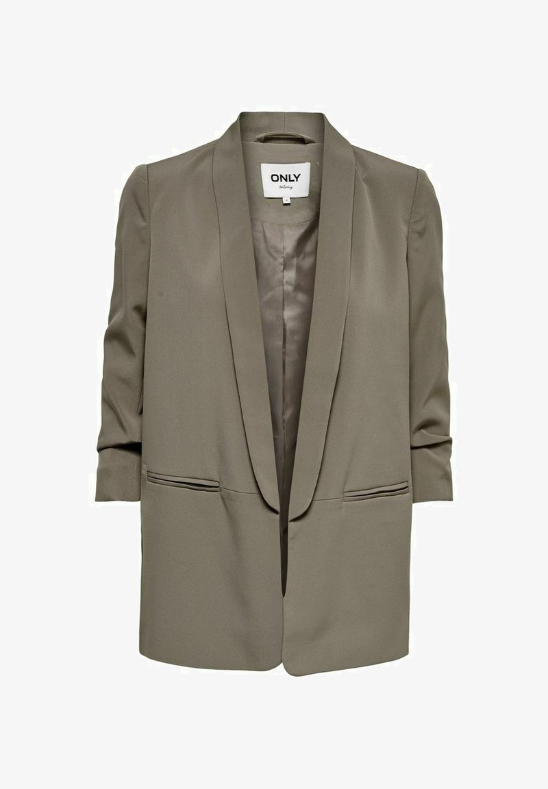 Taupe dámský blazer s šálovým límcem, dlouhými rukávy, dvěma kapsami s lemováním a hladkým podšívkovým materiálem uvnitř, označený "ONLY tailoring."