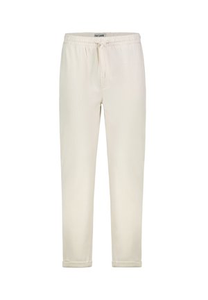 Off-White Freizeit-Hose mit elastischem Bund, Kordelzug und aufgerollten Bündchen, dargestellt vor weißem Hintergrund.