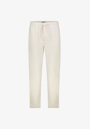 Off-White Freizeit-Hose mit elastischem Bund, Kordelzug und aufgerollten Bündchen, dargestellt vor weißem Hintergrund.
