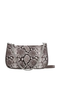 Sac à main à motif python avec un schéma de couleurs en tons de gris. Doté d'une chaîne en argent et d'accents en cuir lisse. Design compact, forme rectangulaire.