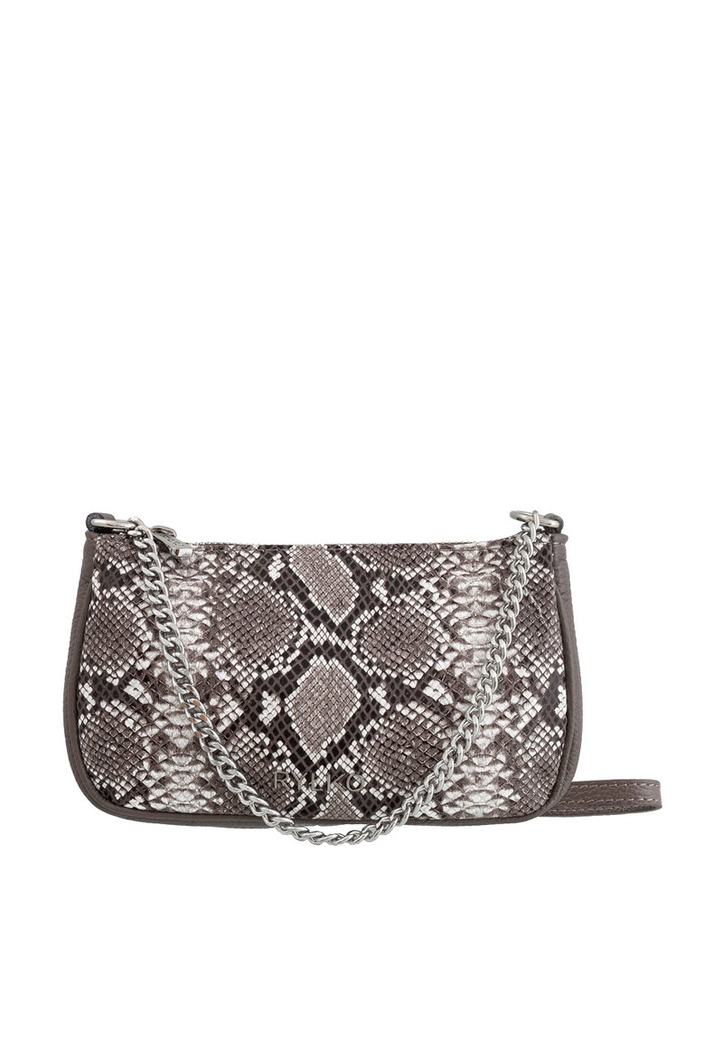 Sac à main à motif python avec un schéma de couleurs en tons de gris. Doté d'une chaîne en argent et d'accents en cuir lisse. Design compact, forme rectangulaire.