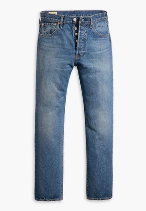 Valkosiniset farkut suoran lahkeen leikkauksella, joissa on viisi taskua ja napitus. Kuluneet yksityiskohdat ja haalistuneet alueet.