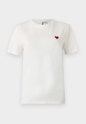 White short-sleeve crew neck t-shirt with small red heart embroidered on the left chest.