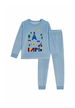 Light blue pajama set with long sleeves and pants. Features graphic of the Eiffel Tower and colorful cars, trees, and "PARIS" text design.