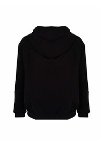 Sudadera con capucha negra de corte relajado, textura suave, puños y dobladillo acanalados, con un bolsillo tipo canguro y detalles de costura en la parte trasera.