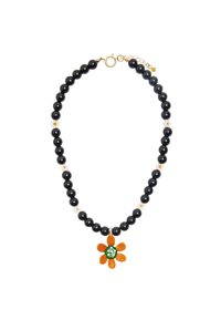 Czarny naszyjnik z koralików z małymi białymi i pomarańczowymi akcentami kwiatowymi. Centralny wisiorek w kształcie kwiatu z zielonymi i białymi detalami. Złote elementy.