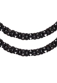 Collana in catena nera con anelli circolari e ovali interconnessi, texture liscia e finitura lucida, con sottili accenti arcobaleno.
