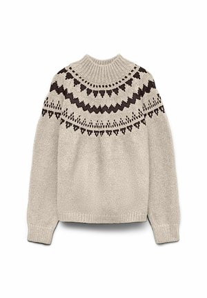 Bež pleteni pulover z visokim rebrastim ovratnikom in črnim geometričnim nordijskim vzorcem okoli ramen in prsnega dela.