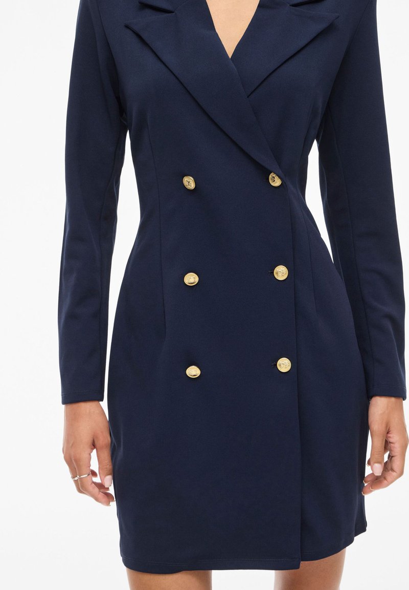 blue gold button blazer dress Navy Double Breasted Gold Button Blazer Dress