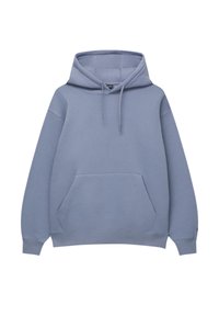 Sudadera de color azul con capucha, bolsillo tipo canguro en el frente y cordones en la capucha, presentada sobre un fondo blanco.