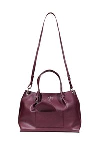 Borsa tote in pelle color bordeaux con finitura texture, due manici, una tracolla rimovibile e una tasca frontale con dettaglio a zip.