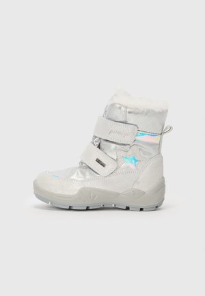 Silver ankle boots with synthetic upper, soft white fur collar, two adjustable Velcro straps, rubber sole, and star accent design.