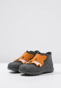 Gray felt slippers with orange fox face design on front, featuring white accents and a textured rubber sole. Rounded, ankle-height shape.
