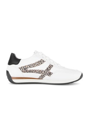 White sneaker with black heel, black sole, brown stripe, and leopard print design on side, featuring white laces and low profile.