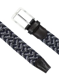 Woveny pasek w odcieniach granatowym i szarym, z metalową klamrą w kolorze srebra oraz ciemnoszarymi skórzanymi akcentami na końcach. Teksturowane wykończenie, elastyczna konstrukcja.
