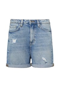 Lichtblauwe denim shorts met een versleten afwerking,opgerolde pijpen en twee achterzakken. Voorzien van een knoop- en ritssluiting.