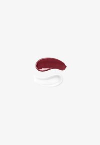 Deux taches de peinture : un bordeaux profond et blanc, finition brillante, texture lisse, avec des formes courbes distinctes, placées l'une au-dessus de l'autre sur un fond blanc.