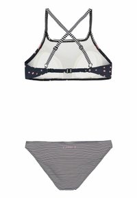 Marine bikini set met een mesh bralette met stippen, kruisbare schouderbanden, en een gestreepte onderzijde met een klein logo detail.