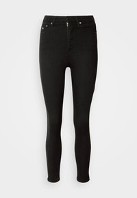 Svarta skinny jeans i denim med knapp- och dragkedjestängning, fem fickor och en slät, texturerad yta.