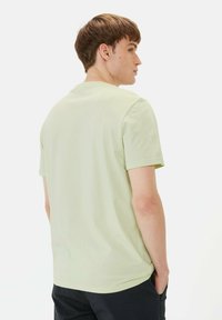 Lys grøn bomulds T-shirt med korte ærmer og rund halsudskæring, set fra ryggen. Stoffet ser blødt og glat ud.