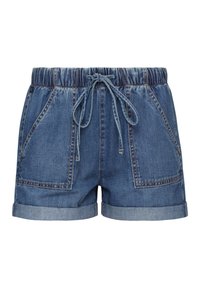 Short en denim avec taille élastique et cordon, poches plaquées devant et revers roulés dans un bleu moyen.