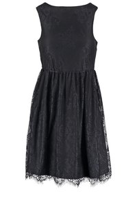 Black sleeveless dress with floral lace overlay, round neckline, fitted waist, and a flared skirt with lace trim at the hem.