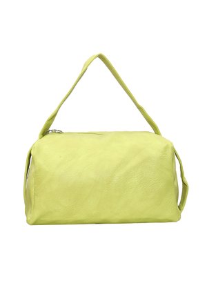 Borsa in pelle di un vivace verde lime. Presenta una superficie liscia, una chiusura con zip e una singola tracolla regolabile. Forma rettangolare.