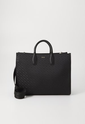 Borsa a mano in pelle nera con due manici, una tracolla rimovibile e logo embossato. Superficie texture con un sottile motivo geometrico.
