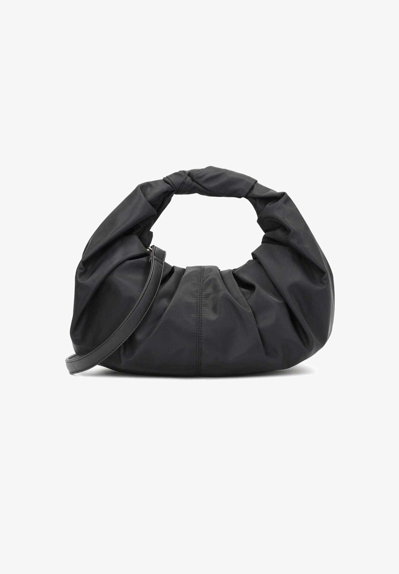 Borsa a mano nera in tessuto con un design testurizzato e arricciato. Presenta un manico curvo e una sottile tracolla staccabile.