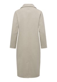Beige wollen jas met een rechte snit, notched revers, lange mouwen en een enkele achterkant split. Minimalistisch ontwerp zonder versieringen.