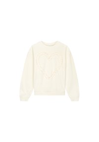 Crème-kleurige sweatshirt met lange mouwen, voorzien van een gestructureerd, gerimpeld hartontwerp aan de voorkant, ronde halslijn en ribgebreide cuffs en zoom.