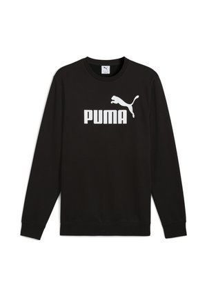 Must pikkade varrukatega ümmarguse kaelusega pusa valge Puma logoga ja tekstiga, mis asub keskelt rinnal.