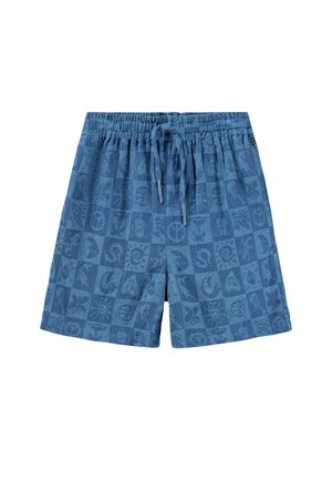 Sinised puuvillased lühikesed püksid geomeetrilise mustriga, millel on nööriga vöökoht ja lõdvestunud lõige. Tekstureeritud kangas erinevate motiividega.