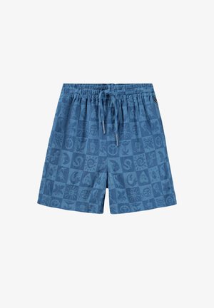 Shorts en coton bleu avec un motif géométrique, dotés d'une taille à cordon de serrage et d'une coupe décontractée. Tissu texturé avec divers motifs.