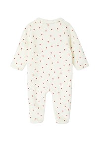 Weißer Jumpsuit mit langen Ärmeln, der mit einem Muster aus kleinen roten Herzen versehen ist. Hergestellt aus weichem Material, enthält einen runden Halsausschnitt und einen Fußdesign.