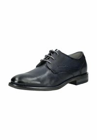 Scarpa da cerimonia blu navy con lacci, con una finitura testurizzata, punta arrotondata liscia e un branding sottile. Caratterizzata da un tacco basso e lacci grigi.