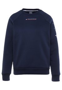 Sudadera azul marino hecha de una mezcla de algodón, con puños y dobladillo acanalados, y un logo en rojo y blanco en la parte frontal y en la manga.