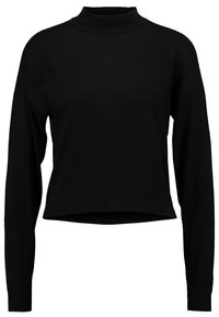 Maglione a collo alto nero, corto, realizzato in tessuto a maglia, con maniche lunghe e colletto aderente. Texture liscia, design minimalista.