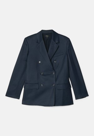 Mornariće plavi dvostruki sako izrađen od glatkog materijala. Ima rever s izrezom, četiri dugmeta i dva prednja džepa uz jedan džep na grudima.