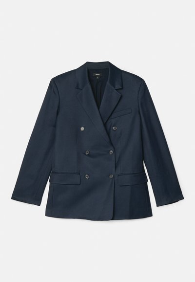 Marineblauer doppelt-knöpfbarer Blazer aus glattem Stoff. Mit Reverskragen, vier Knöpfen und zwei Fronttaschen sowie einer Brusttasche.