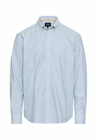 Koszula na guziki z długim rękawem w pionowe jasnoniebieskie i białe paski, z kieszenią na piersi po lewej stronie.