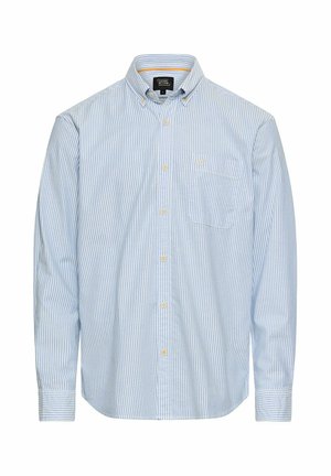 Langærmet skjorte med knapper, lyseblå og hvide lodrette striber og en brystlomme på venstre side.