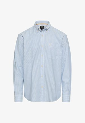 Koszula na guziki z długim rękawem w pionowe jasnoniebieskie i białe paski, z kieszenią na piersi po lewej stronie.