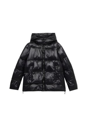 Black puffer jacket with a shiny finish, hood, front zipper, two large pockets, and quilted design. Soft texture and relaxed fit.