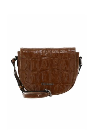 Sac bandoulière en cuir marron avec texture crocodile et sangle réglable, marqué "PICARD" sur le rabat avant.