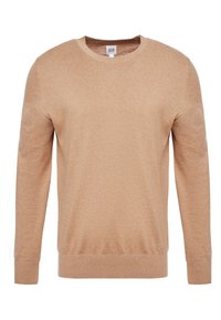 Maglione beige a girocollo realizzato in tessuto morbido, con maniche lunghe, colletto a costine e polsini a costine con una texture liscia.
