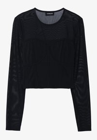 Musta pitkähihainen crop-top, jossa on läpinäkyvät verkko-hihat ja yläosa, rakenteelliset saumat sekä pyöreä pääntie.